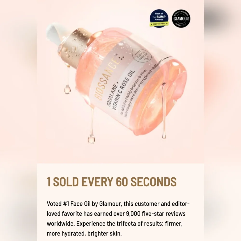 NEW BIOSSANCE Squalane + Vitamin C Rose Oil, Set of 3